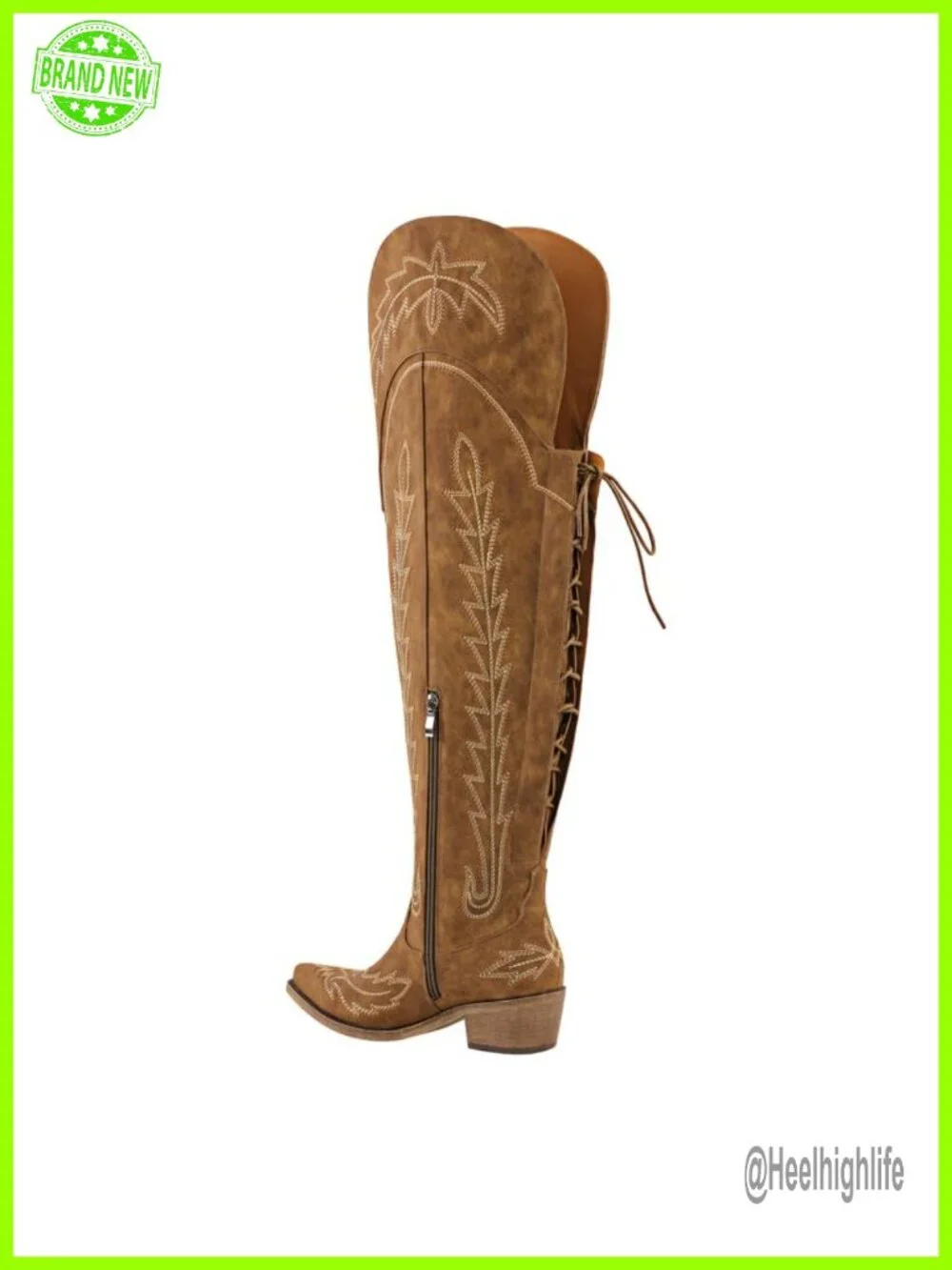 Thigh High Wide Calf Cowgirl Boots Lace Up Embroidered Chunky Heel